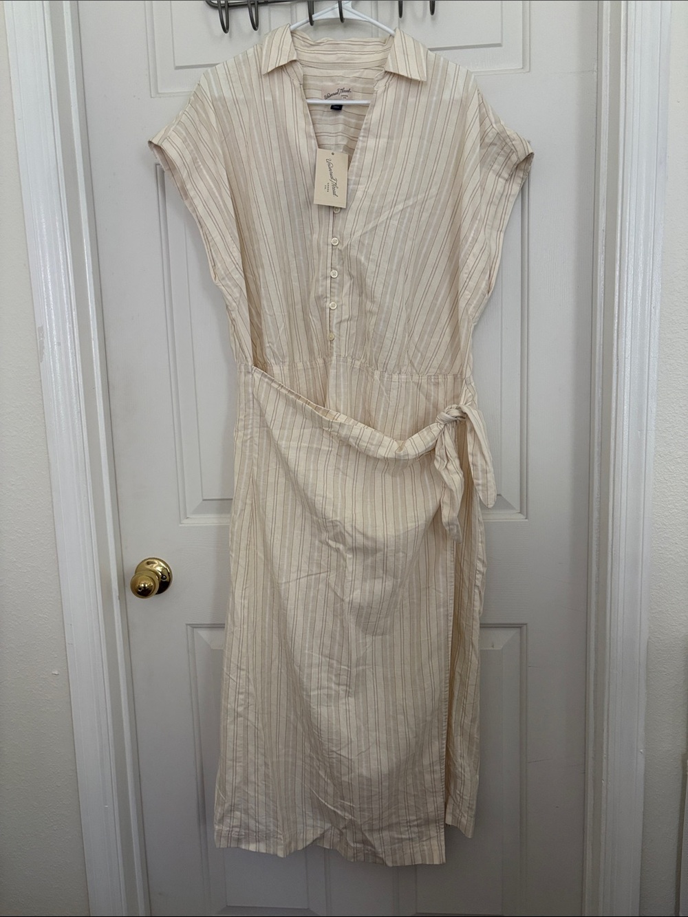 Auden Cream and Beige Striped Midi Shirt Dress